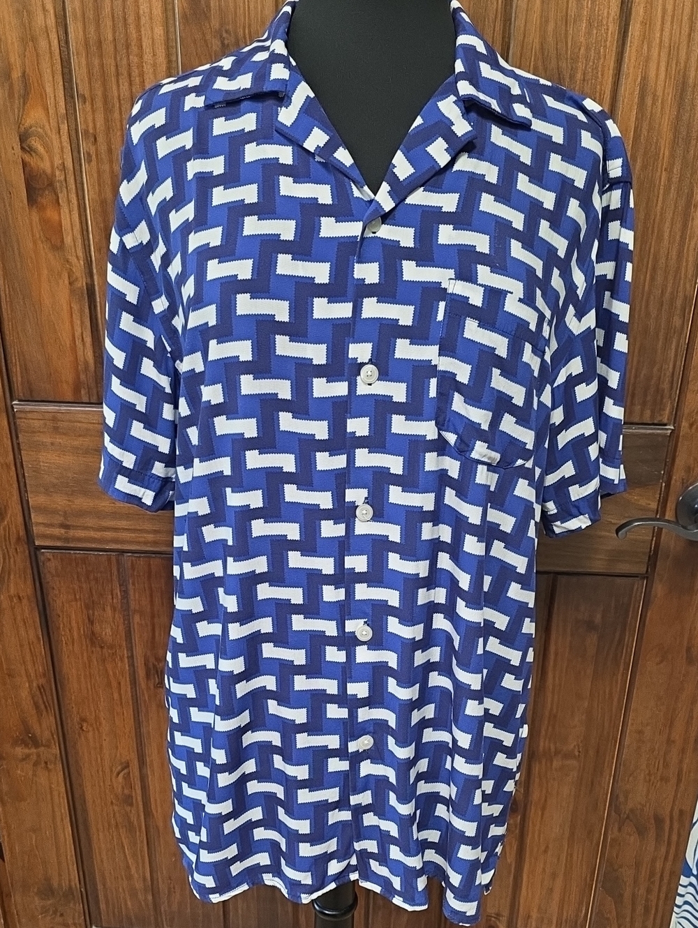 OAS The Cuba Blue and White Geometric Button-Down Shirt - Size L